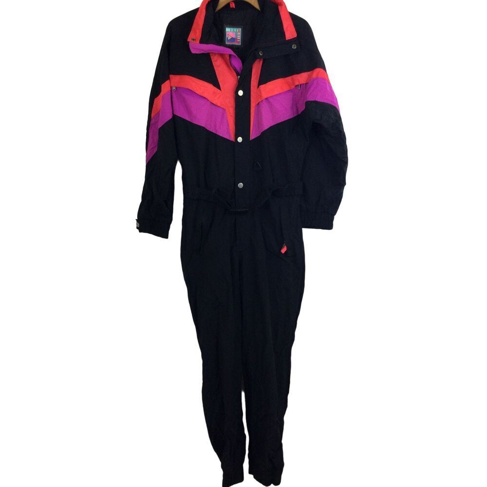 Vintage Black Bear Ski Button Up Long Sleeve Jumpsuit 80s 90s Black Multi Small
